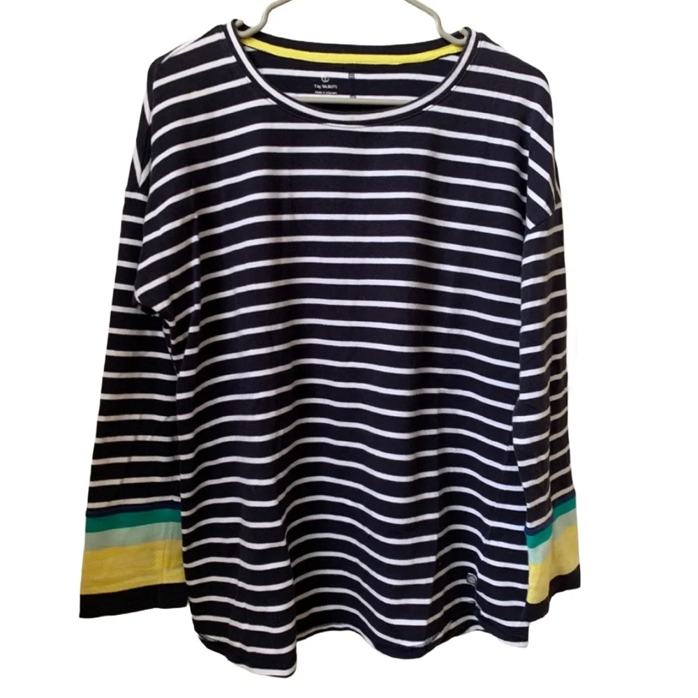 TALBOTS Women’s Navy White Stripe Cotton Spandex Rounded Neck 3/4 Sleeve Blouse
